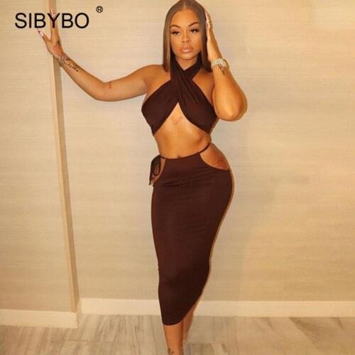 Sibybo Two Pieces Set Long Skirts Outfits Women 2021 Summer Halter Backless Crop Tops And Skirt Suit Femme Sexy Beach Party Sets