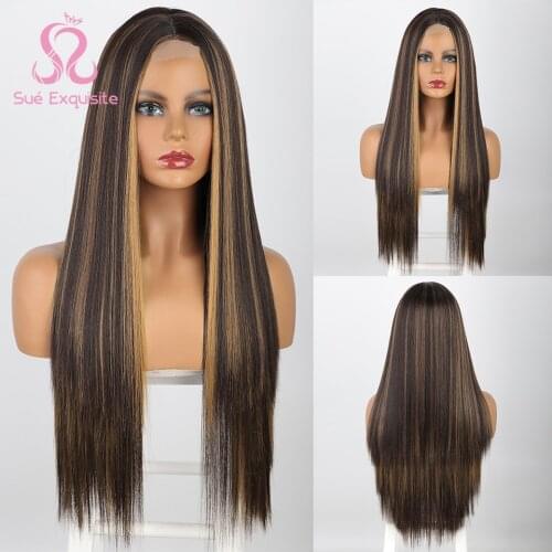 SUe EXQUISITE Honey Blonde Highlight Color Long Straight Wig Synthetic Wigs For Black Women Heat Resistant Middle Part Wig