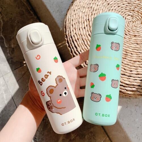 Ins Cartoon Cute Vacuum Flask Thermos Bottle Couple Korean Fashion Portable Car Travel Stainless Steel Water Bottle For Girls