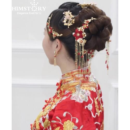 Traditional Chinese Bride Headdress Costume Hairclips Red Flower Hairpin Wedding Hairwear photography Hair Stick Accessory
