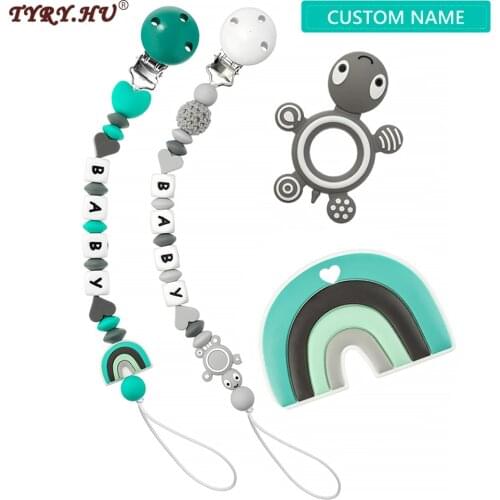TYRY.HU Baby Pacifier Clip Chain Personalized Name Dummy Holder Silicone Teething Beads with Cute Turtle balloon Soother Chains