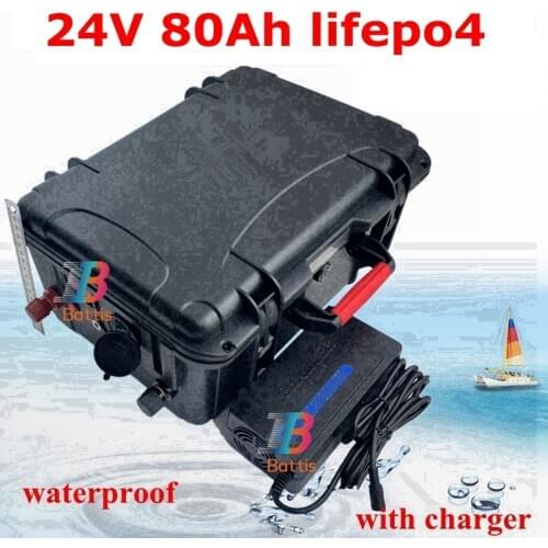 Waterproof Lifepo4 24v 80AH battery BMS 8s for 2400W 2000w Inverter fridge Electric bike tricycle RV AGV UPS + 10A charger