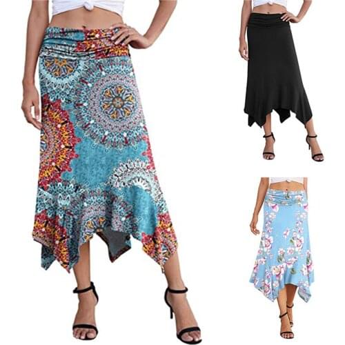 Women Summer Skirt Plus size Solid Color/Floral/Round Pattern Middle Waist Semi-dress Slim Irregular Hem Skirt For Girls