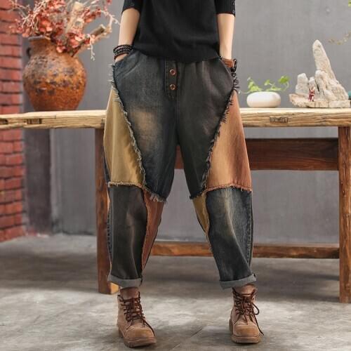 High Quality Women M-XL Retro Patchwork Loose Jeans Boyfriend Style Ripped Casual Jeans Denim Jeans for Female