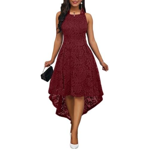 Women Solid Color Lace Round Neck Sleeveless Irregular Hem Wedding Midi Dress Summer Women Club Dress Vestidos Party Dress