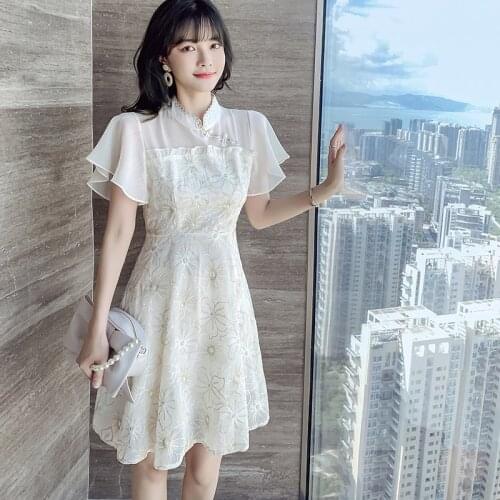 COIGARSAM Cheongsam Embroidery Women one-piece dress korean New Summer Vintage Dresses 8760