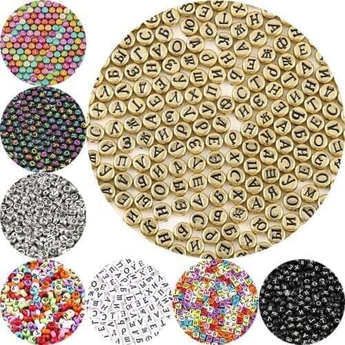 100/200PCS Mixed Russian Letter Acrylic Beads Round Flat Alphabet Heart Beads For Jewelry Making Handmade Diy Bracelet