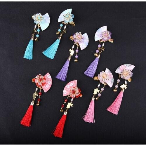 2Pcs Antique Chinese Hairpins Girls Flower Fan Hair Clips Pendant Tassel Carved Jewelry Kids Barrettes Lovely Hair Accessories