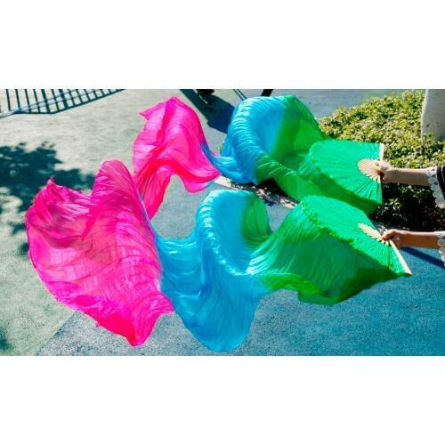 2017 High Quality Silk Belly Dance Fan Dance 100% Real Silk Veils 1 Pair On Sale 180*90 cm Green+Turquoise+Rose