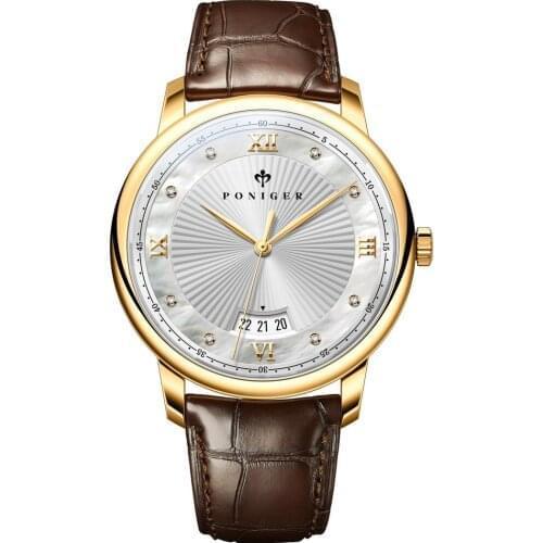 PONIGER Luxury Men Watch, Mens Wrist Watches Quartz Wristwatch 30M Waterproof Sapphire Mirror Leather Strap