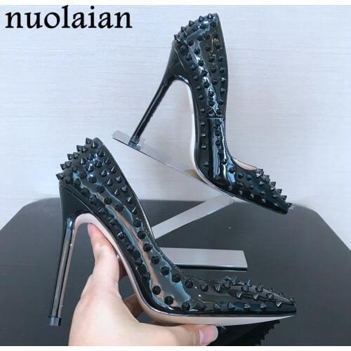 Brand Design BLack Pointed Toe Shoes Rivet High Heel Shoes Woman Patent Leather High Heels Lady Platform Pumps Women Party Shoes