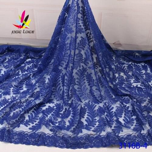 Embroidery French Lace With Sequins Royal Blue Color Flower Elegant French High Quality Wedding Dress Design Latest Style 2020