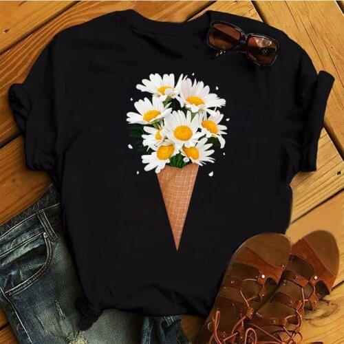 Cute Flower Ice Cream Printed T Shirt Women Black T Shirt Fashion Female Causal Tops Harajuku Ladies Graphic Tee Shirts Clothes