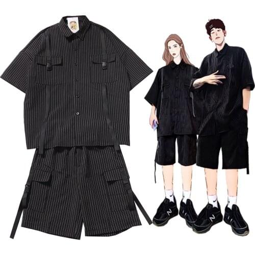 Summer Trend Tooling Suit Hip Hop Set with Korean Loose Student Short-sleeved Shirt Shorts Casual 2 Piece Sets Mens Joggers Set