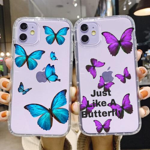 PUNQZY Summer Cute Blue butterfly Transparent Phone Case For iPhone 12 Pro Max XR 11 PRO XS MAX 6s 8 7 Plus 5s SE Soft TPU Cover