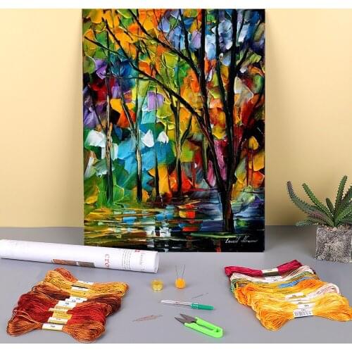 Oil Style She Left Printed Water-Soluble Canvas 11CT Cross Stitch Full Kit Embroidery DMC Threads Needlework Mulina