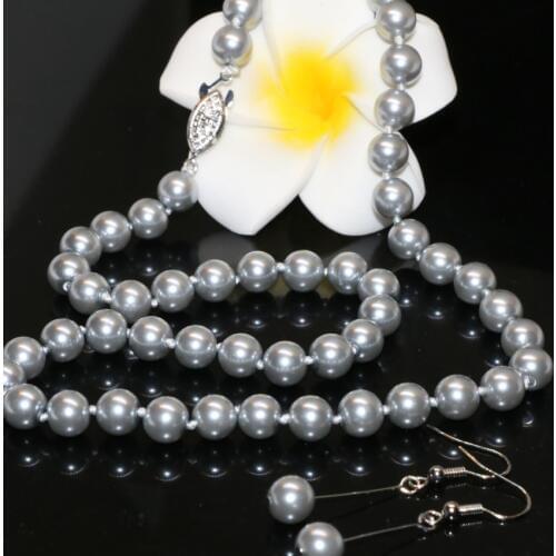 New fashion hot sale free shipping 8mm round gray simulated-pearl shell beads earrings necklace for women jewelry 18inch B2366