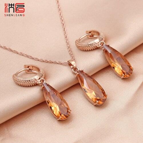 SHENJIANG New Elegant Water Drop Cubic Zirconia Dangle Earrings Jewelry Sets For Women Wedding Party Fashion Pendant Necklace