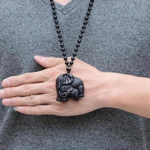 Natural Obsidian Carved Elephant Necklace for Women and Men God of Wealth Luck Pendants Black Obsidian Necklace Chain Gifts