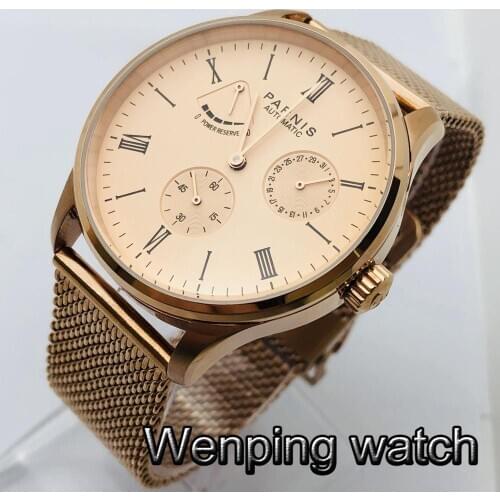 Parnis 42mm Top Brand Mechanical Watch Rose Gold Stainless Steel Case Rose Gold Dial Date Waterproof Automatic Watch Luxury Gift