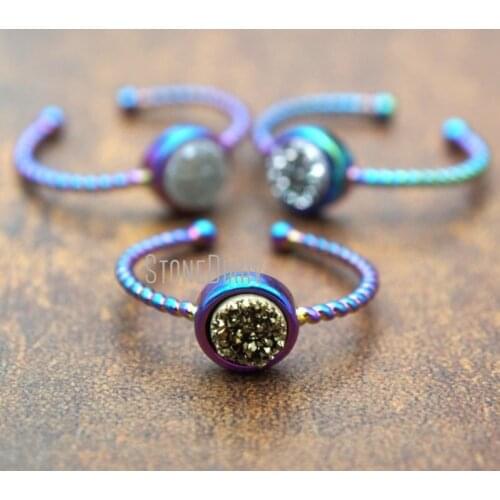 RM15595 10Pcs Titanium Silver, Titanium Gold, Angel Aura Druzy Crystal Ring Titanium Rainbow Circle Ring For Sale Adjustable