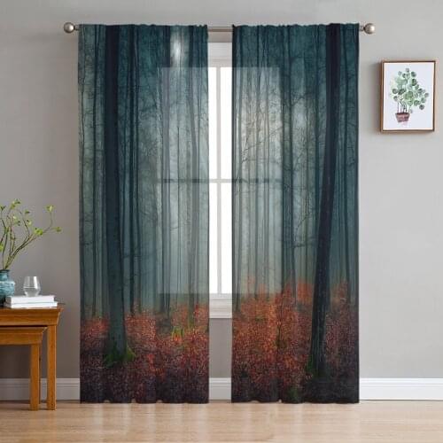 Luxury Tulle Curtains Woods Night Red Leaves Spooky Living Room Kitchen Chiffon Curtain Youth Bedroom Sheer Valance Curtain