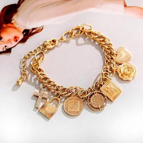 Luxury Womens Gold Color Alloy Adjustable Bracelet Large Chain Charm Gold and Various Shape Pendants 2020 Jewelry Gifts