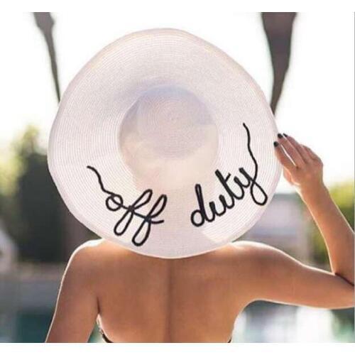 Women large summer straw hat beach hat sequins letter "off duty" handmade fashion hat
