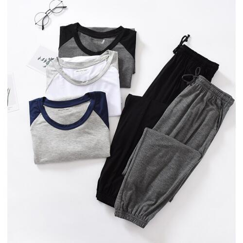 Plus fat plus size pajamas suit loose mens home service modal short sleeve trousers fight receiving foot fashion pyjamas men