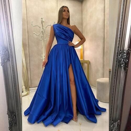 YQLNNE Couture Royal Blue One Shoulder Evening Dresses Long Satin Slit Ball Gown Formal Evening Gowns Elegant Vestidos