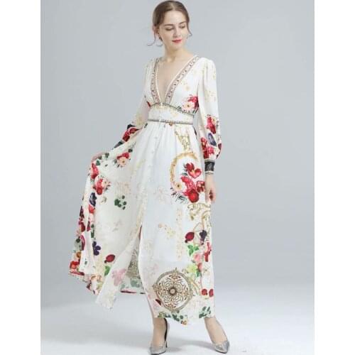 White Deep V-neck Long Sleeve Flower Print High Quality Elegant Fashion Womens Fairy Skirt 2021 Long Skirt Womens Beach Skirt