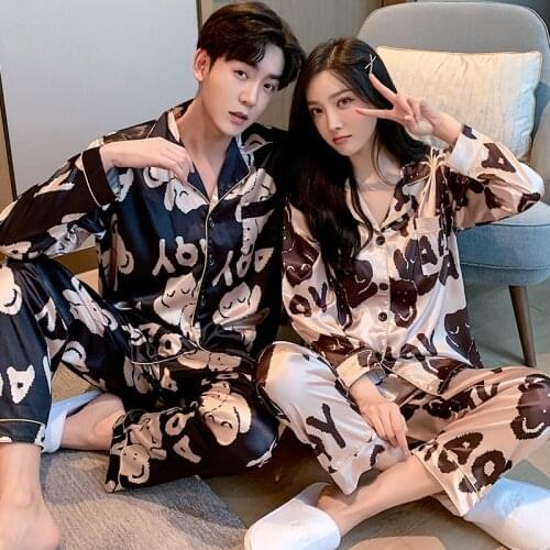 Fashion Silk Satin Couple Pajamas Set Cardigan Pyjamas Women Pajamas Long Sleeve Sleepwear Lounge Pijama Men Plus Size Pajama