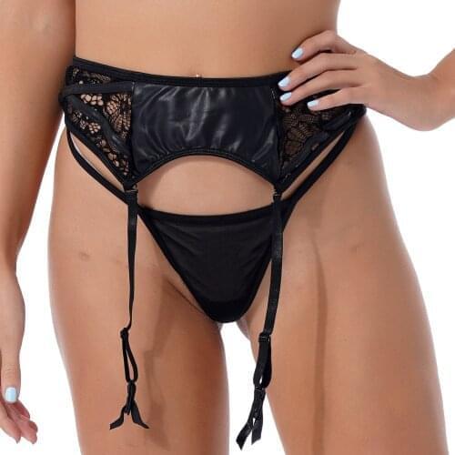 Womens Erotic Lingerie Underwear Faux Leather Lace Patchwork Adjustable Waistband Garters with Low Waist G-string Briefs Panties