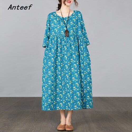 Short sleeve cotton vintage floral dresses for women casual loose long woman summer dress elegant clothes 2021
