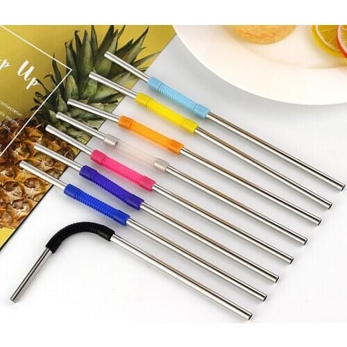 10pse 304 Stainless Steel Silicone Straw Color Three-Section Splicing Straw Creative Metal Foldable Drink Straw