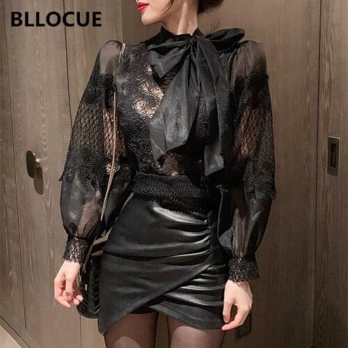 BLLOCUE Korean Sexy Fashion Wild Bow Tie Shirt 2020 Spring Women Lantern Sleeves Loose Hollow Lace Splice Tops Shirt
