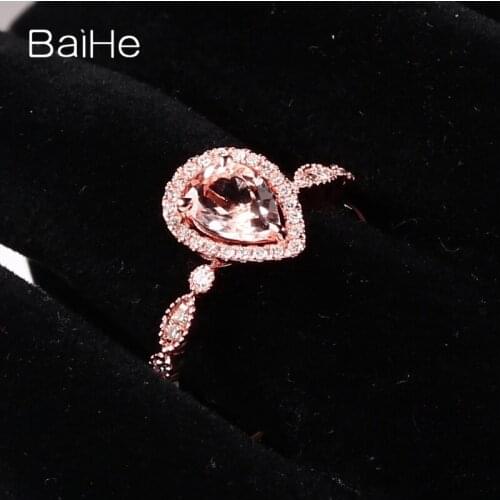 BAIHE Solid 14k Rose Gold(AU585) Vintage 5x7mm Pear Cut 100% Natural Morganite Diamonds Trendy Engagement Fine Jewelry Ring