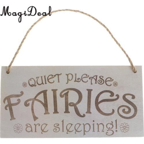 MagiDeal Wooden Hanging Board Rectangle with Quiet Please Fairies Are Sleeping Sign