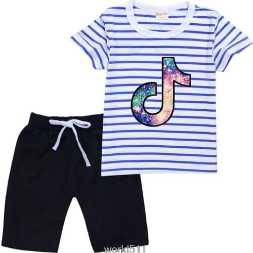 Kids Tik Tok Summer Costumes Boy Short Sleeve Fashion Clothes T-shirt Pants 2pc Suit Kid Cartoon Print Outfits Boy Tops Pant Set