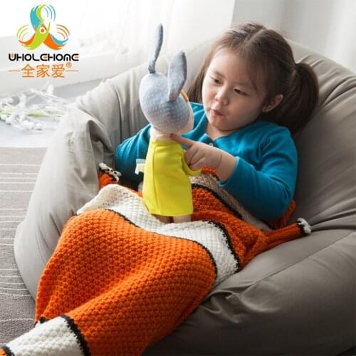 Kids Cartoon Mermaid Blanket Crochet Knitted Warm Soft Throw Bedding Sleeping Bag For Bed Sofa Child Fish Tail Christmas Gift