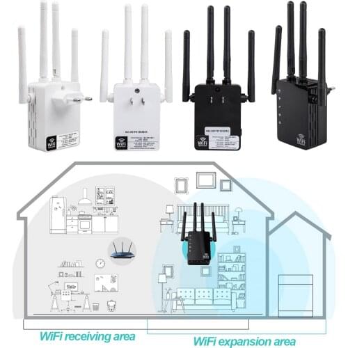 1200Mbps Dual Band 2.4GHz 5.8GHz Wireless WiFi Signal Booster Amplifier Repeater Range Extender with 4 External Antennas