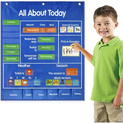 Godery All About Today School Classroom Pocket Chart with Date Month Year Week Season Weather Event Cards Teacher Teaching Tool