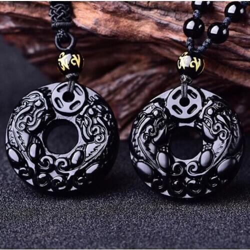 Classic Manmade Obsidian Dragon Pattern Carved Pendant Beads Necklace Women and Men Crystal Jewelry Gift