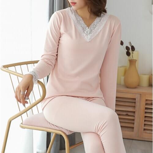 Autumn Ladies Solid Pajamas Set Sexy Lace Patchwork V Neck Thermal Tops Casual Pants Fashion Female Warm Pyjamas Sleepwear