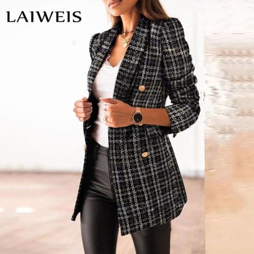 LAIWEIS 2021 New Womens Jacket Line Plaid Weave Tweed Wool Double-breasted Blazer Jacket Slim Elegant Coat Outwear Tweed Jacket