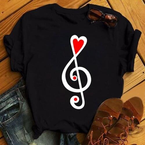 New Music Love Heart Print T Shirt Fashion Women Black T-shirt Cute Graphic Funnny Casual Harajuku Tops Female Streetwear Tees