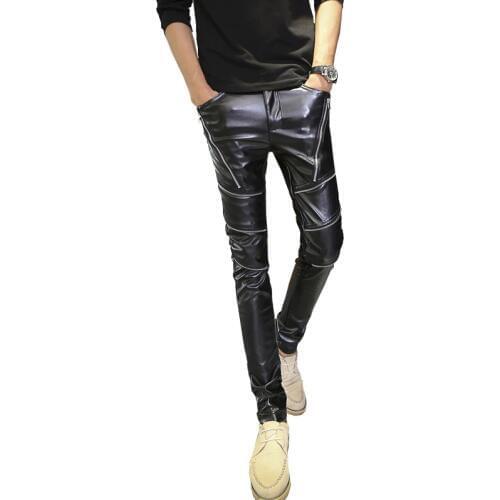 New Mens Skinny Biker Leather Pants Fashion Faux Leather Motorcycle Trousers for Male Stage Club Wear Plus Size