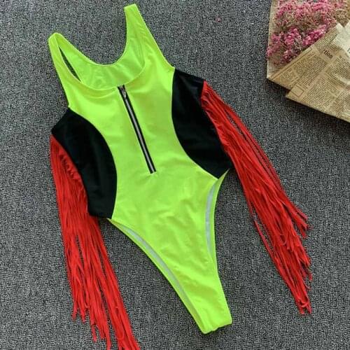 New Zipper Brazilian one piece Swimsuit Sexy Push up Hollow Out Swimwear women string monokini Tassel bathing suit
