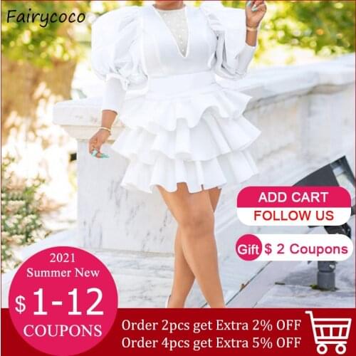 2021 Ruffle Tiered African Women Party Dress Elegant White Sexy Dresses Club Female Plus Size Fashion Mesh Patchwork Vestidos