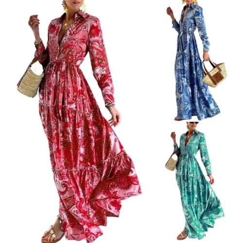 Dropshipping Beach Dress Floral Print Turn-down Collar Summer Button Pleated Maxi Beach Dress for Lady